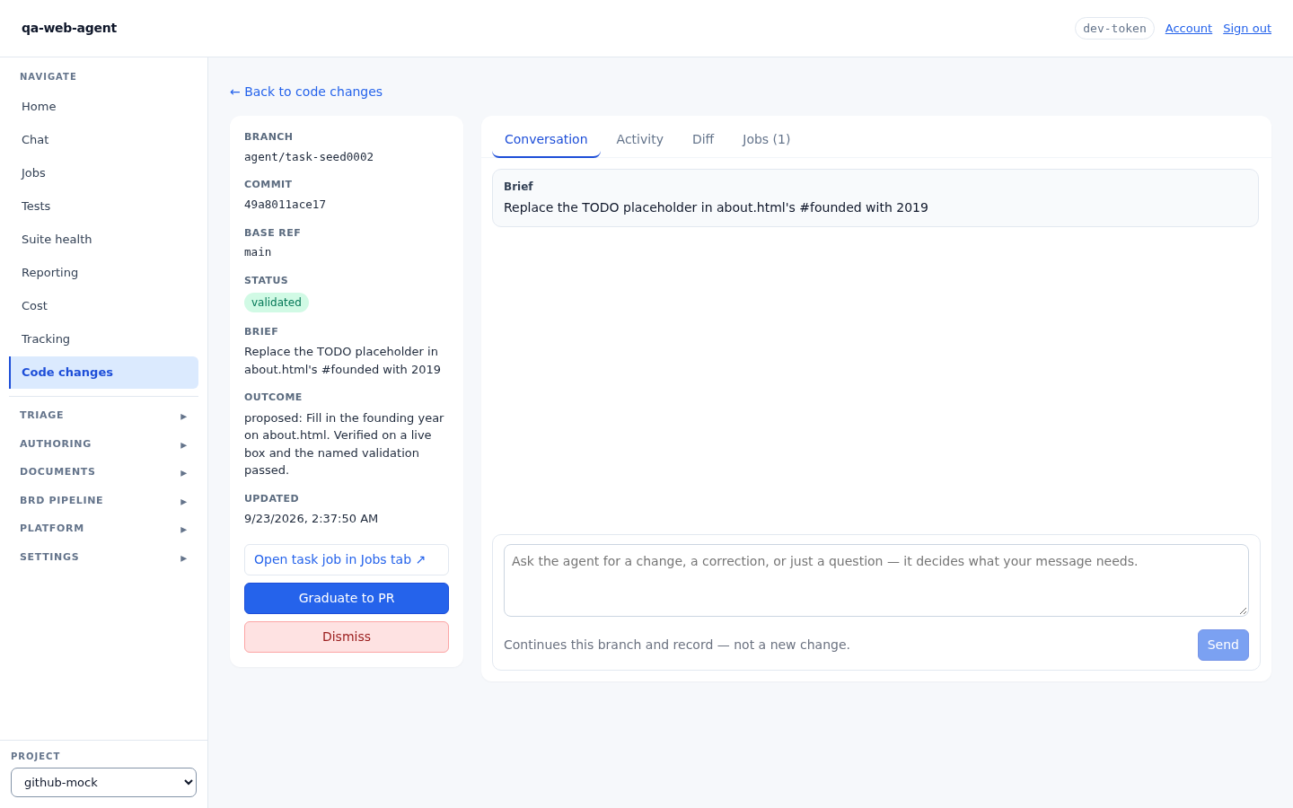 A code change under review: branch, commit, validated status, the brief, and the Graduate to PR action.